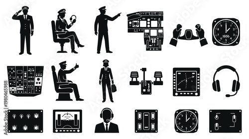 Pilot and Aviation Icons: Cockpit Instruments, Controls, and Personnel Glyph