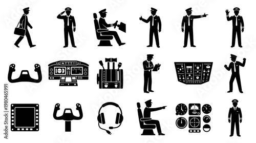 Pilot Icons Set: Aviation Profession, Aircraft Cockpit, Glyph Art