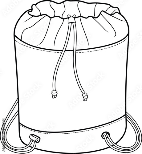 Flat vector line drawing drawstring backpack illustration, reinforced fashion accessory sketch