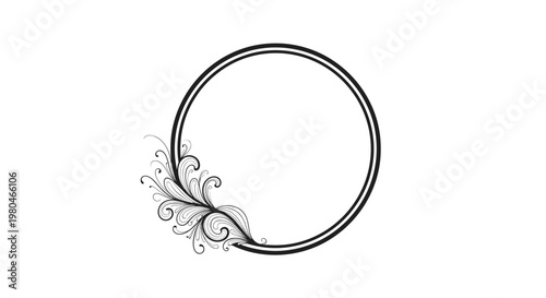 Elegant circular frame decorated with a delicate black ink floral flourish on the side, suitable for invitations and stationery.