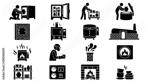 Pottery Craft Kiln Firing Process Glyph Icons Set - Ceramic Art  Production