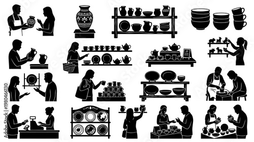 Pottery Industry and Ceramic Craft Black White Silhouettes: Artisans, Shop, and Handmade Goods