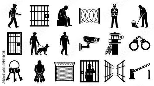 Prison Security Icons: Guard, Jail Cell, Camera, Handcuffs, Barricade - Glyph Art