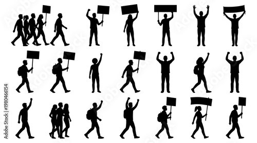 Silhouette protest crowd holding signs, black and white vector illustration