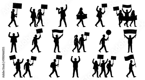 Black and White Silhouettes of People Protesting with Signs and Flags