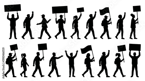 Silhouette Protesters Holding Signs and Flags, Vector Illustration
