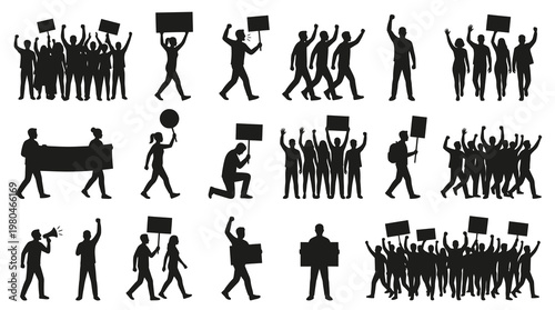 People Protesting and Demonstrating Black Silhouette Vector Icons Set for Activism