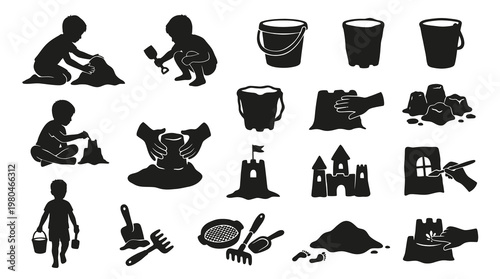 Children playing with sand, buckets, shovels, sandcastles, beach toys, vector art