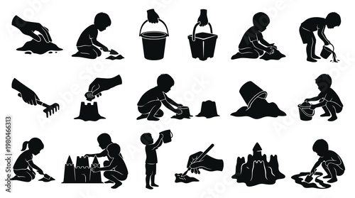 Kids Playing With Sand: Black  White Vector Icons