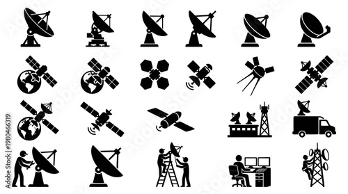 Black and White Technology Icons: Satellite, Antenna, Communication, and Network