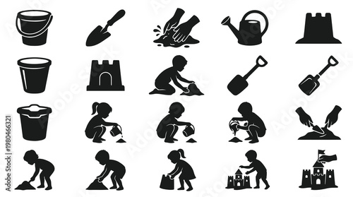 Black and White Icons: Sand Toys, Children Playing, Beach Activities, Summer Fun