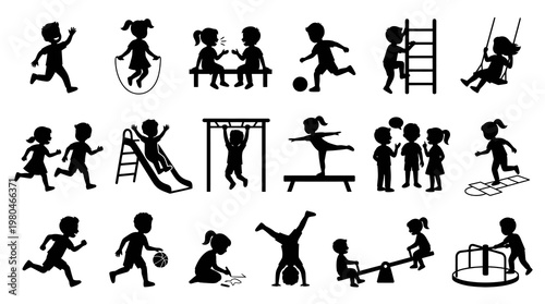 Children Playing Activities Silhouette Icons Set - Kids Playground Recreation Vector Graphics