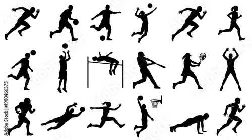 Diverse Sports Silhouettes: Athletes in Action - Black  White Vector Art