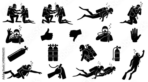 Black  White Glyph Icons of Divers, Scuba Gear and Underwater Activities