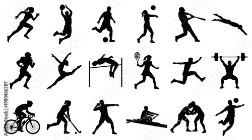 Diverse Sports Silhouettes Icon Set - Black  White Vector Art