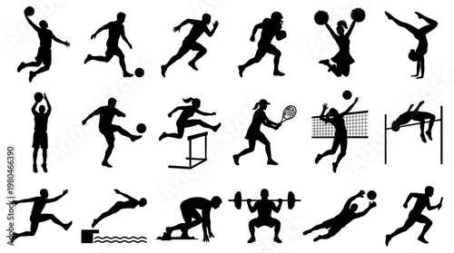 Black  White Silhouette Sports Icons Set: Athletes in Action