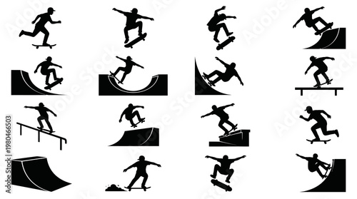 Skateboarding Sports Silhouettes Skateboarder Tricks and Stunts Glyphs Icon Set
