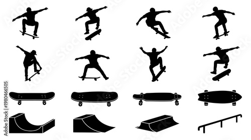 Black  White Skateboarding Silhouette Icons Set: Skateboarders, Boards, Ramps, and Rails