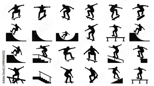 Skateboarding Sports Silhouettes Vector Icons Set with Skateboarders Performing Tricks
