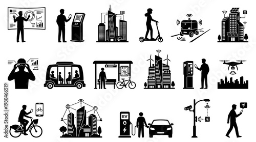 Smart City Technology Glyph Icons Set: Urban Life, IoT  Future Connectivity Elements