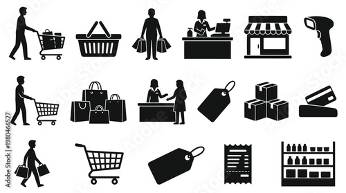 Black  White Glyph Icons of Shopping and Retail Elements