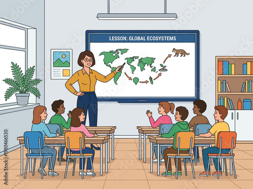 A teacher explains global ecosystems to students in a classroom setting with a world map.