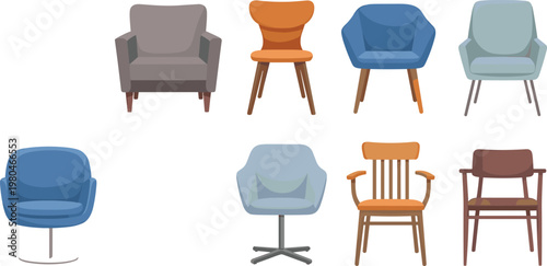 Modern chair collection flat vector illustration with various seating styles for home office interior design and furniture concepts
