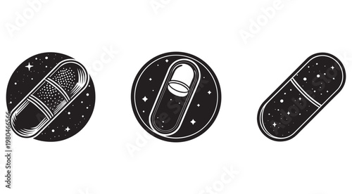 Black and white illustrations of pills and capsules on starry backgrounds  pharmaceutical icons