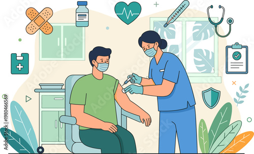 Nurse administers vaccine to patient in clinic setting with medical equipment nearby