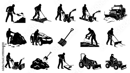 Black  White Silhouettes of Snow Removal Activities and Equipment