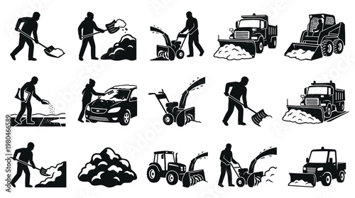 Black and white glyphs of people and vehicles clearing snow in winter