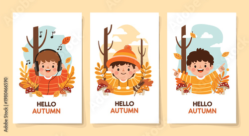 Set of three vertical posters with the text Hello Autumn featuring cute boys enjoying the fall season with leaves and mushrooms.