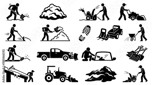 Black and White Icons Set of Snow Removal and Winter Activities