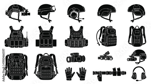 Military Tactical Gear Silhouette Icons Set. Helmets, Vests, Backpacks, Security Equipment Vector