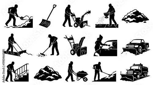 Black and White Snow Removal and Winter Maintenance Glyph Icons Vector Set