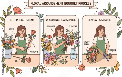 Illustrated step-by-step guide for creating a beautiful floral bouquet, detailing stem trimming, flower arrangement, and secure wrapping