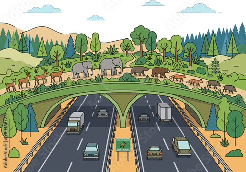 Wildlife Overpass for Safe Animal Crossing Over a Busy Highway, Connecting Fragmented Habitats and Promoting Ecosystem Health and Biodiversity Conservation