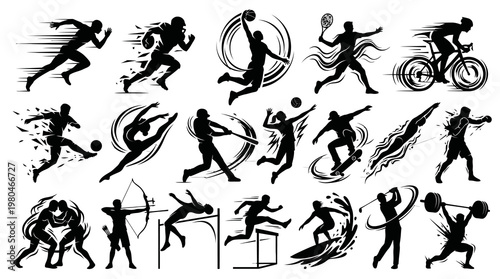 Sports Athlete Silhouettes Vector Set - Black  White Glyph Icons for Fitness  Athletics