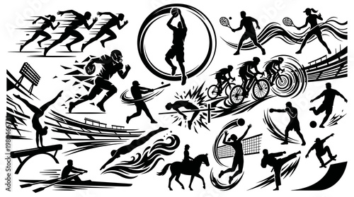 Sports Athletes Black and White Silhouettes Vector Icons Set - Athletics and Fitness Activities