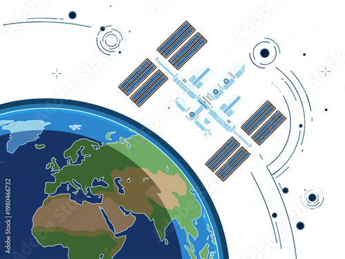 International Space Station orbiting Earth with solar panels extended, showcasing space exploration and scientific advancement