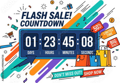 Flash Sale Countdown Timer with Shopping Bags, Offers, and Discount Tags - Ready for Your E-commerce Promotions