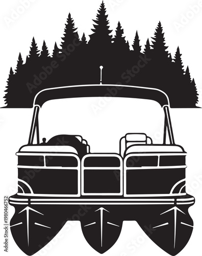 Pontoon Boat, Vector Boat Illustration, Black and White, Lake, Forest, Nautical Icon