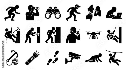 Surveillance and Espionage Icons: Stealth, Technology, and Investigation Set