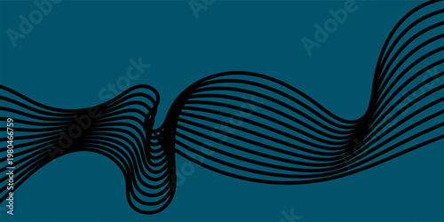 Modern abstract background featuring dynamic black flowing ribbon lines on a dark teal backdrop,
