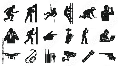 Spy Icons Silhouette - Surveillance, Crime, Stealth, Security, Technology, Detection