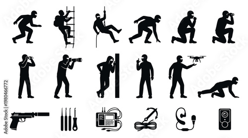 Espionage Security Surveillance Agent Icons Set - Tactical Tools  Spy Gear Silhouettes