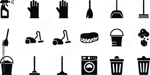Cleaning and housework icons set with domestic chores and sanitation symbols spray bottle vacuum cleaner washing machine