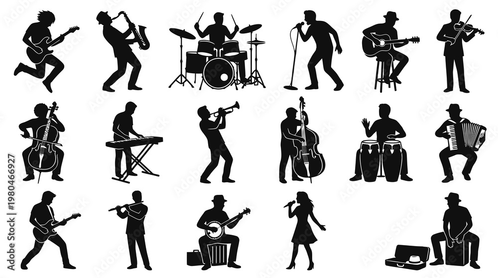 Fototapeta premium Black White Silhouettes of Musicians Playing Various Instruments - Music Vector Art