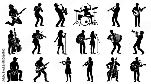 Black  White Silhouettes of Diverse Musicians Playing Instruments