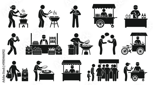 Black and White Street Food Vendors and Customers Icons